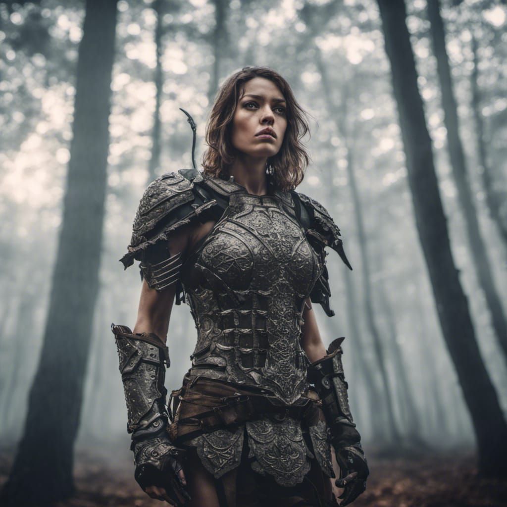 Ethereal Warrior Woman in Foggy Forest