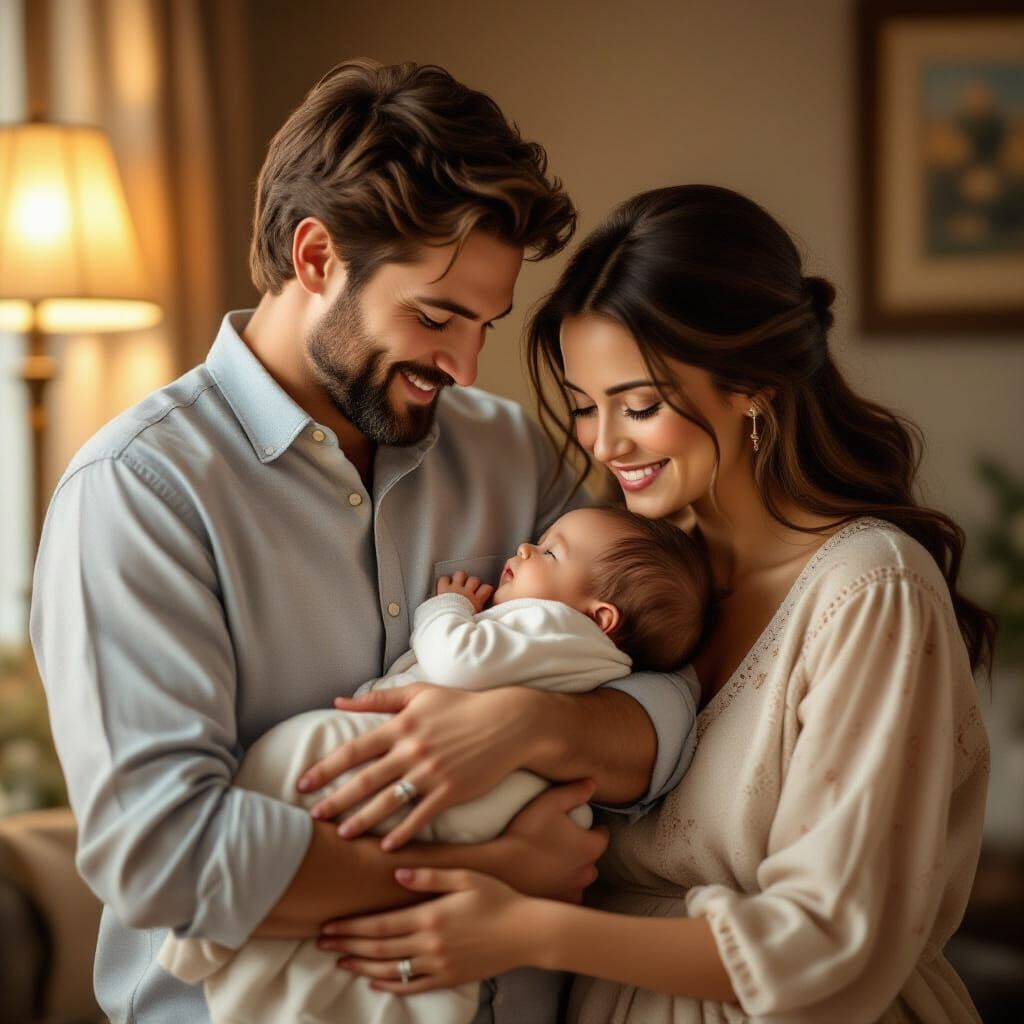 Loving Parents Admire Newborn Baby in Warm Light