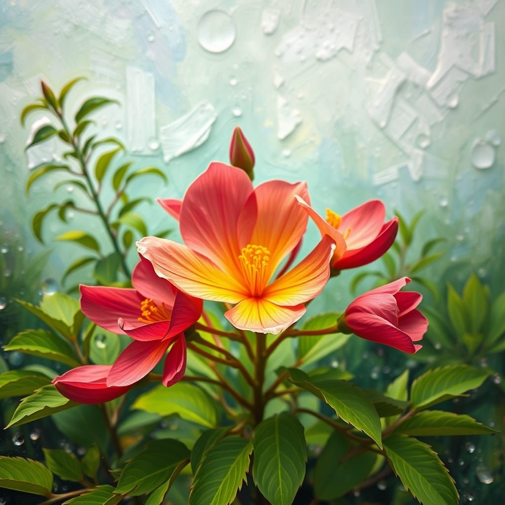 Impressionist Tree in Bloom with Pink and Green Petals