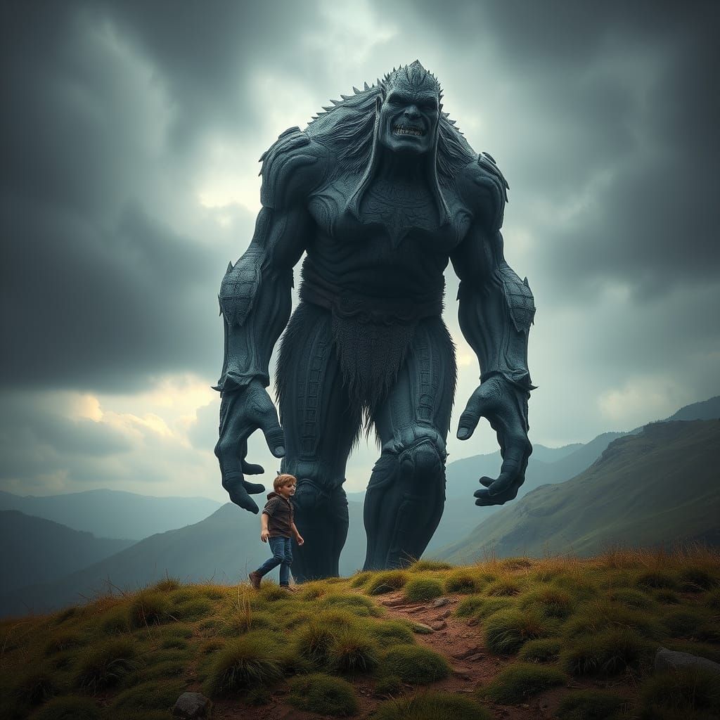 Giant and Boy Walking in Hyperrealistic Style