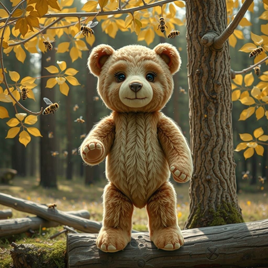 Teddy Bear and Beehive in Hyper-Realistic Digital Art