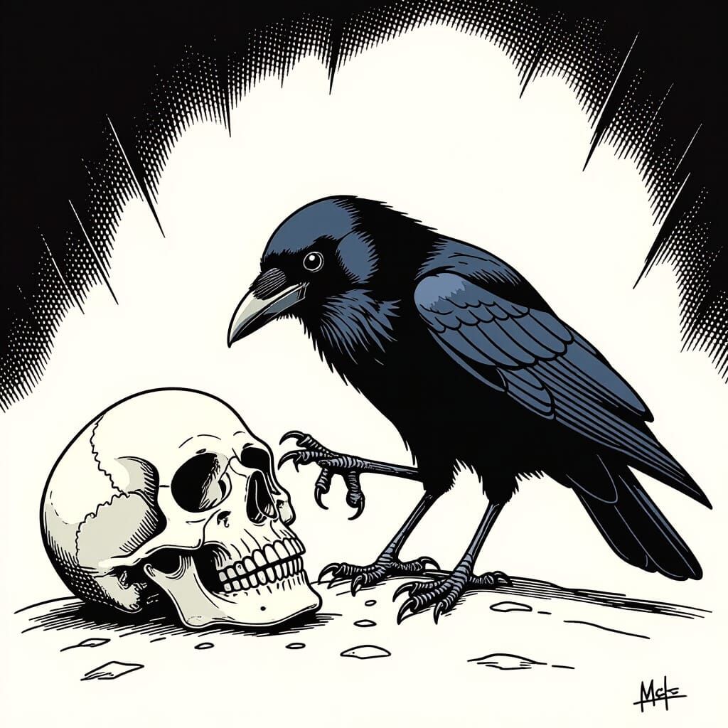 Cartoon Crow Perches on Skull in Gothic Comic Style