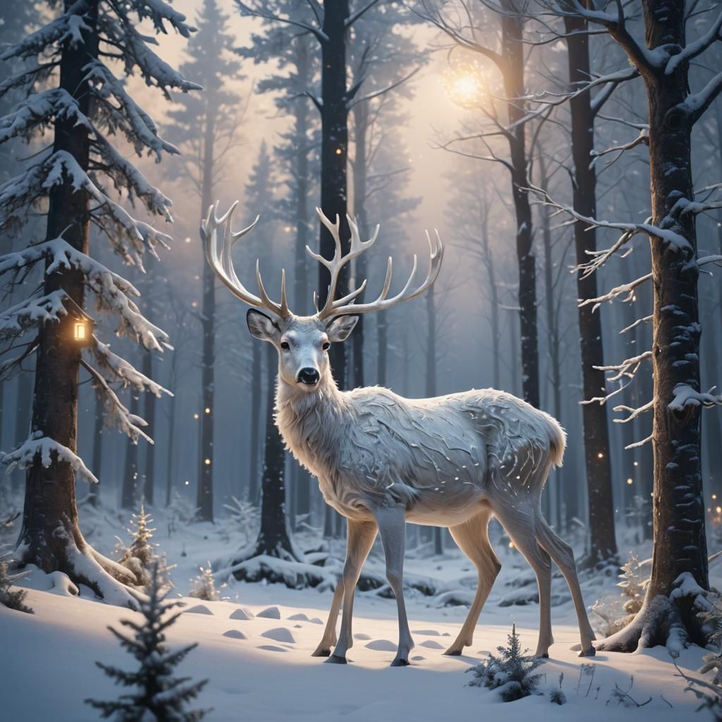 White Deer in Snowy Christmas Forest