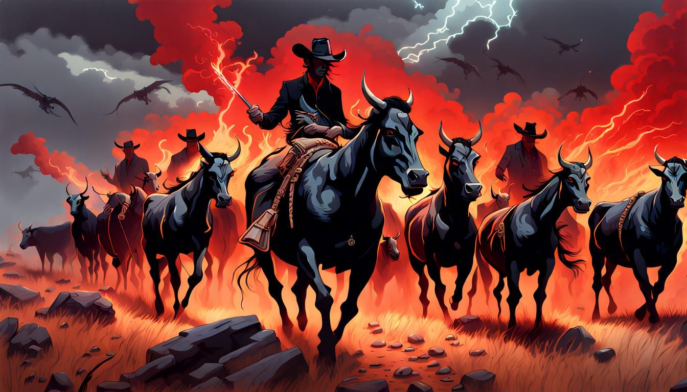 Demonic Cattle Herd Storming a Hellscape