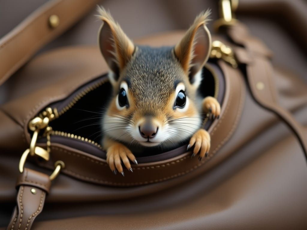 Squirrel's Mischief: A Peek from a Classy Handbag