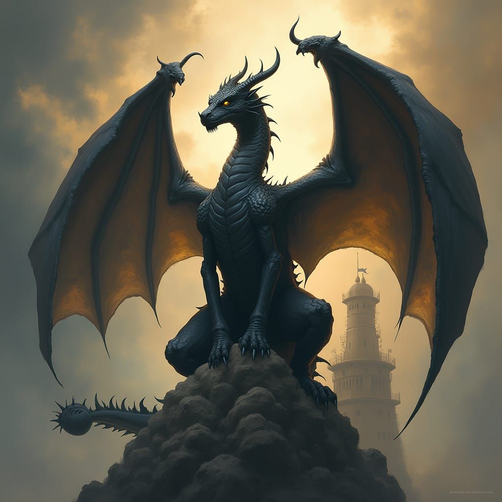 Majestic Black Dragon on Spire, Painterly Style