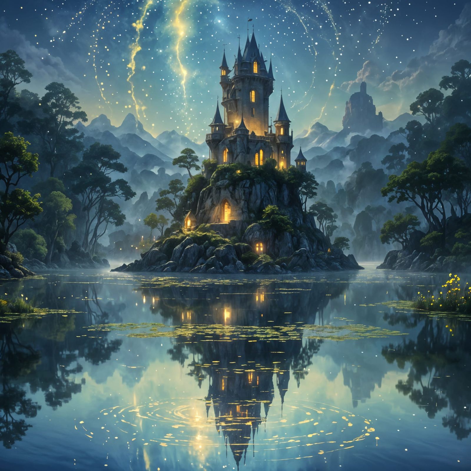 Magical Island with Tower in Enchanted Forest