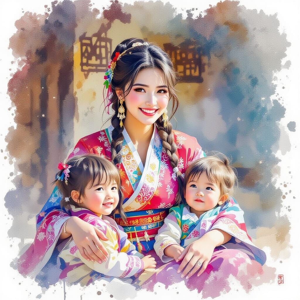 Mongal Mother Smiles with Children in Watercolor Style