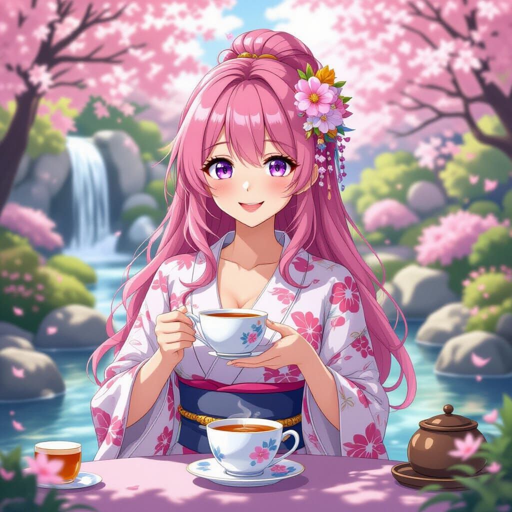 Pink Haired Woman Serving Tea in Fantasy Garden