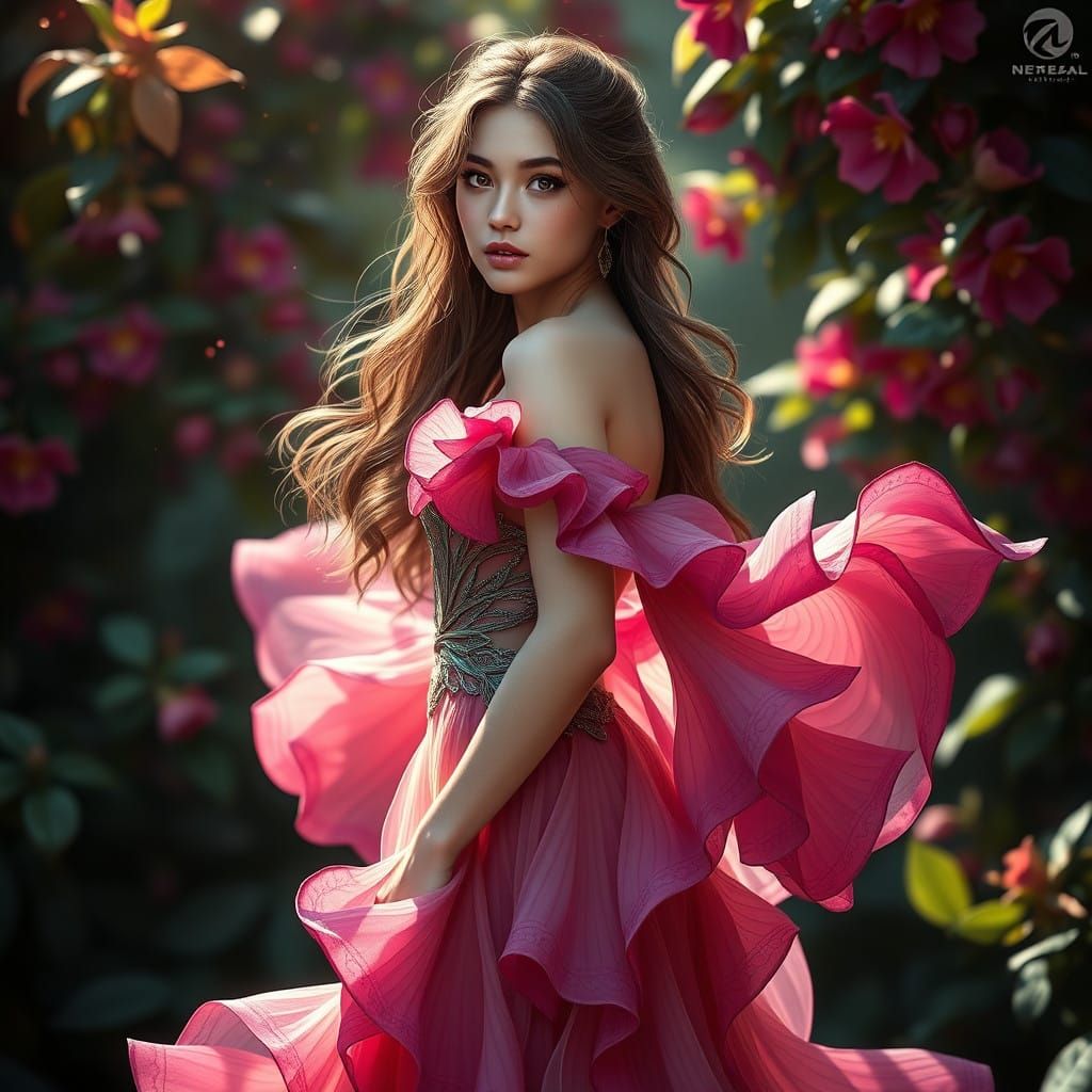 Ethereal Woman in Azure Azalea Gown