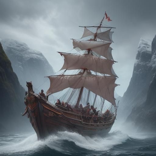 Viking Ship Sails into Fjord: Hyperrealistic Concept Art