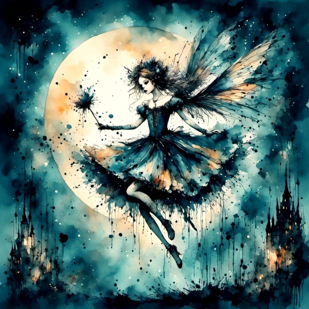 Moonlit Fairy Dance in Blotched Ink Style