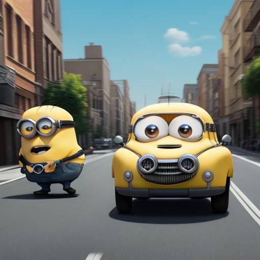 Cartoon Minions Driving a Car