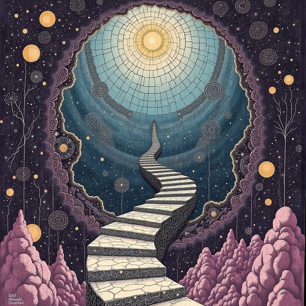 Surreal Staircase to the Heavens in Aubergine and Teal