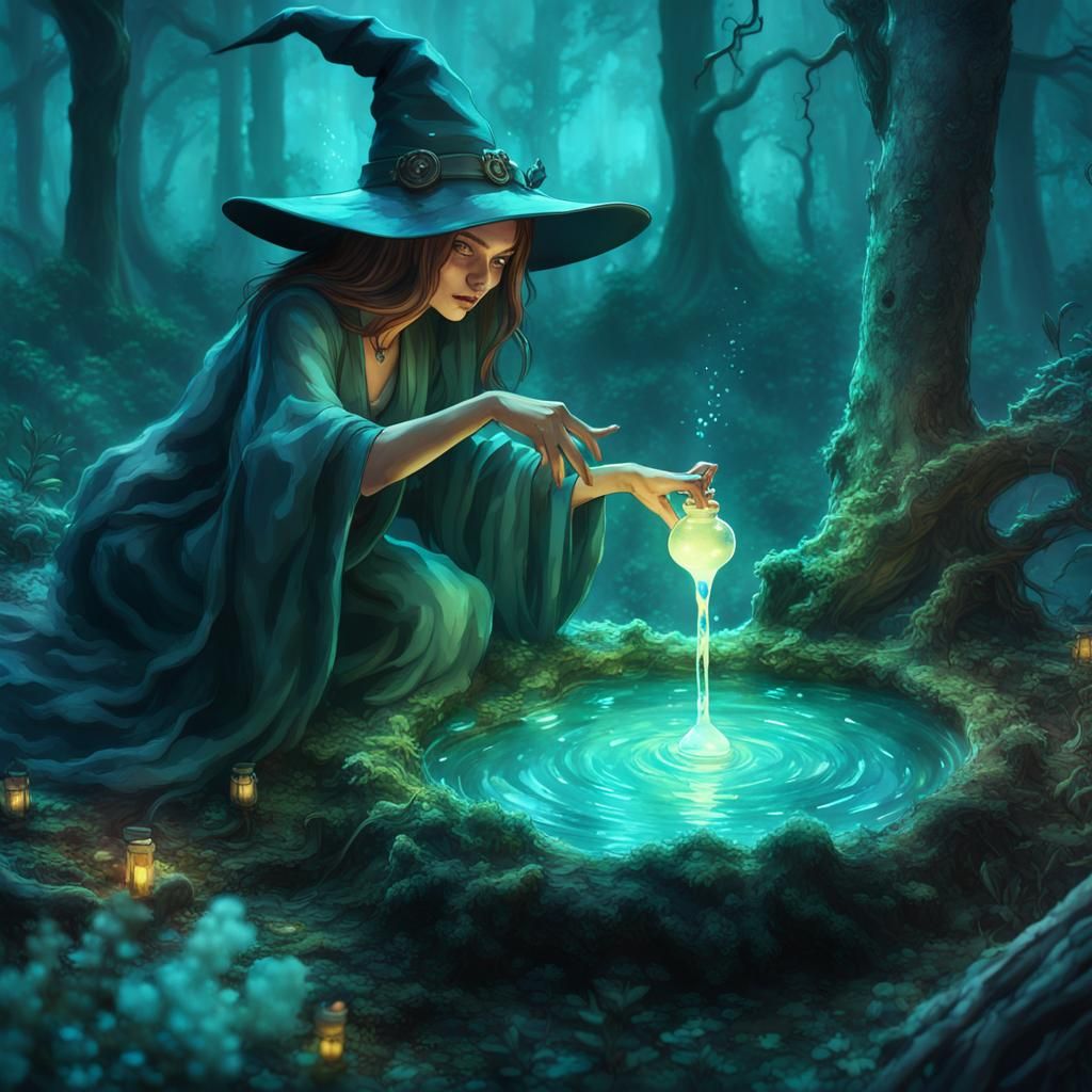 Beautiful Witch Gathering Water in Enchanted Forest