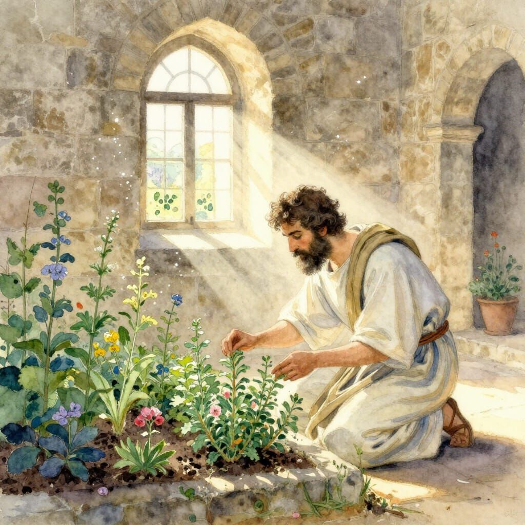 Monk Tends Serene Herb Garden in Sunlit Monastery