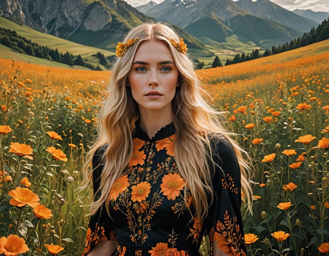 Ethereal Portrait: Woman in Floral Field, Fantasy Art