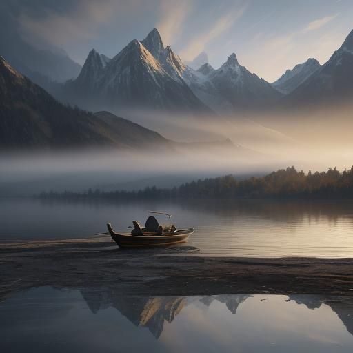 Fisherman at Dawn on Misty Lake: Digital Oil Painting