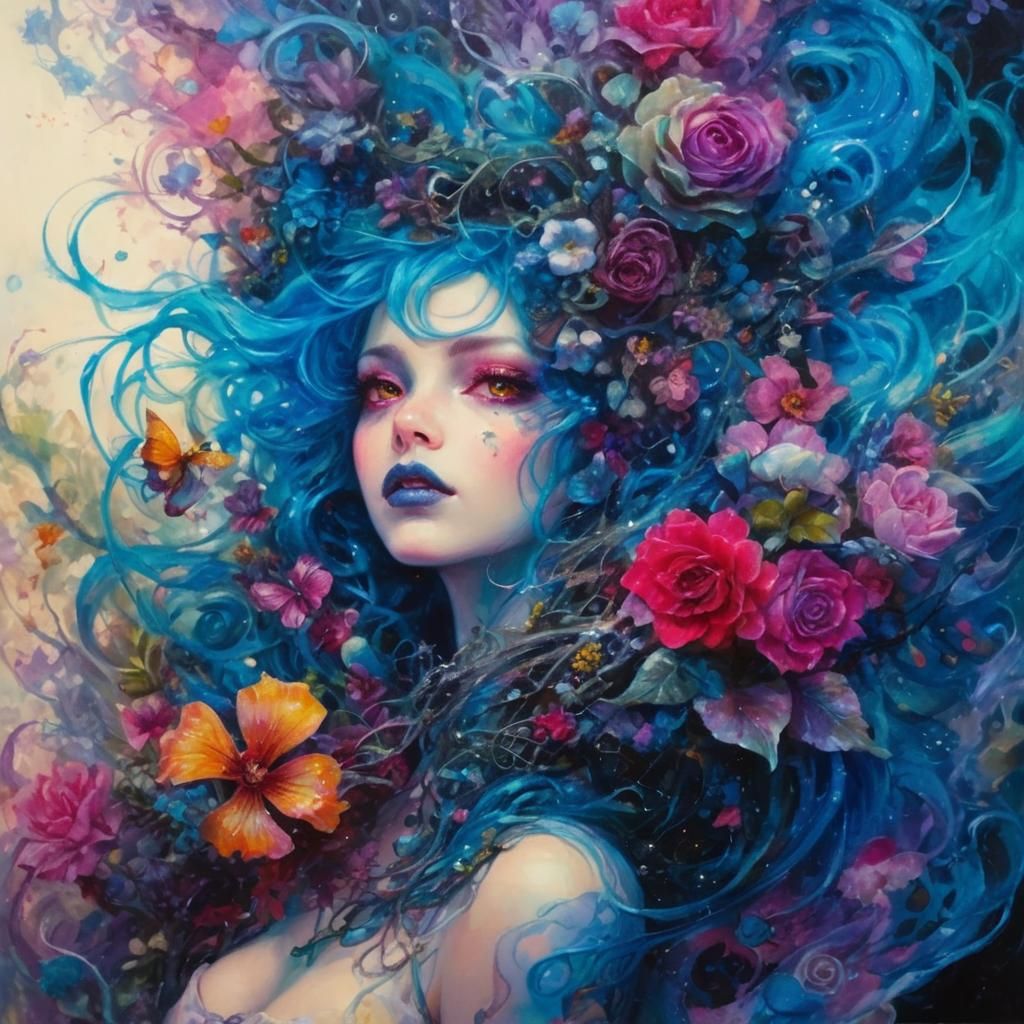 Ethereal Woman with Blue Hair and Flowers