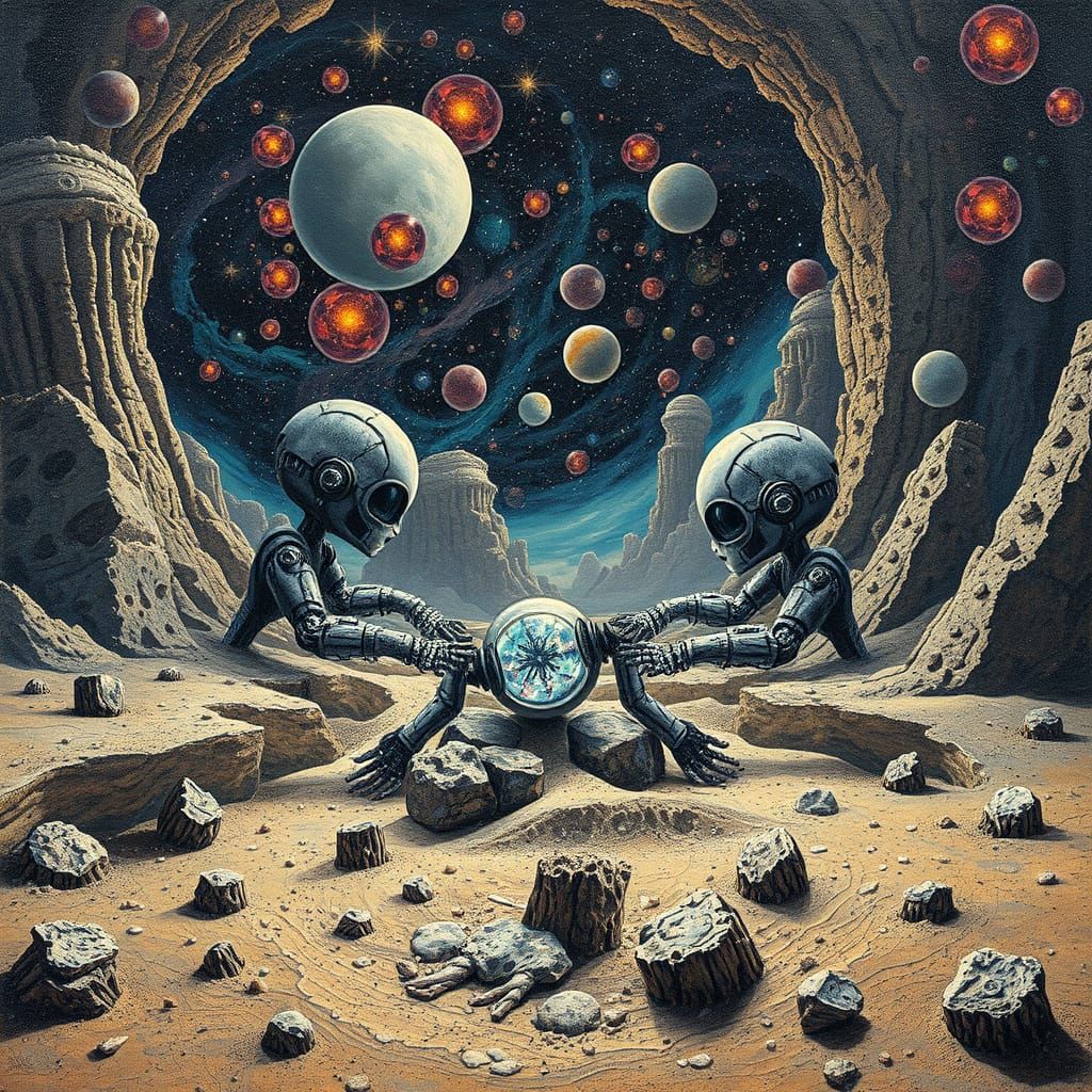 Cosmic Energy Bots in Hyperrealistic Surrealism