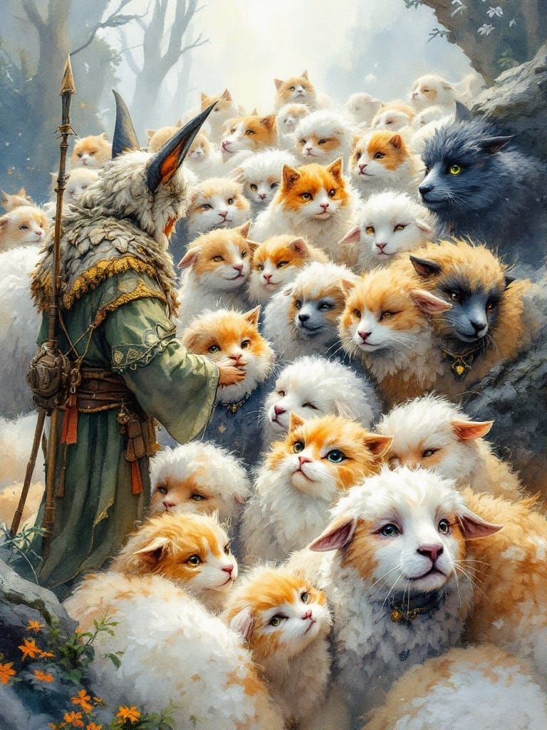 Medieval Fantasy Shepherd Guards Magical Flock