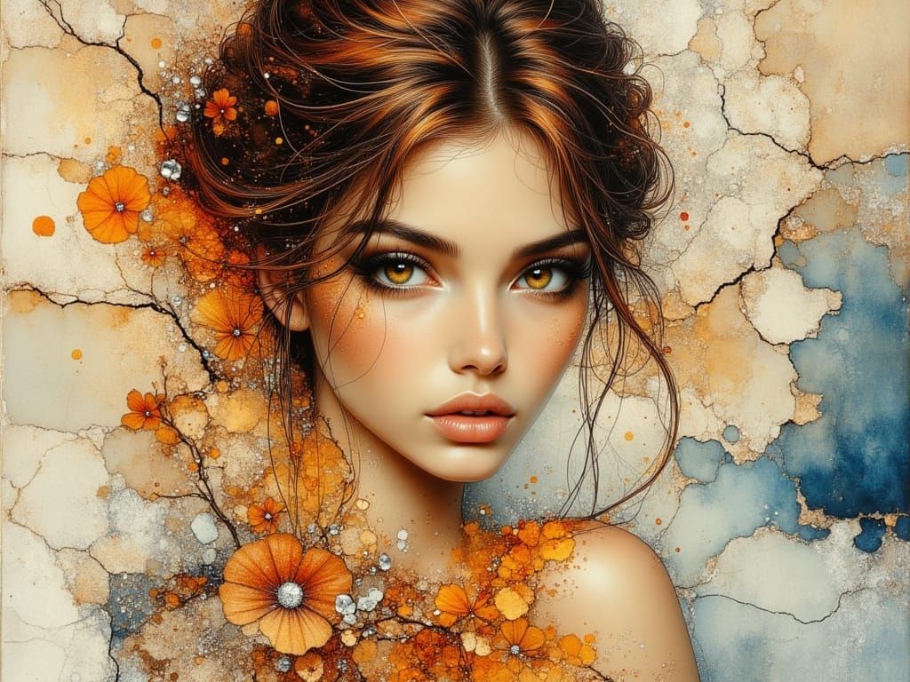 French Woman in Double Exposure Alcohol Ink Art