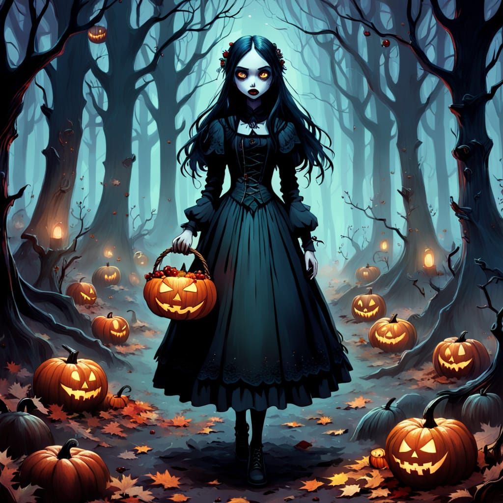 Scared Gothic Girl in Spooky Autumn Forest