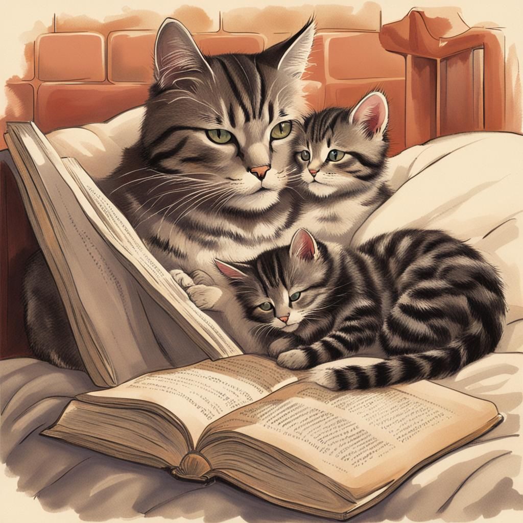 Mama Cat Reads Bedtime Story to Kitten