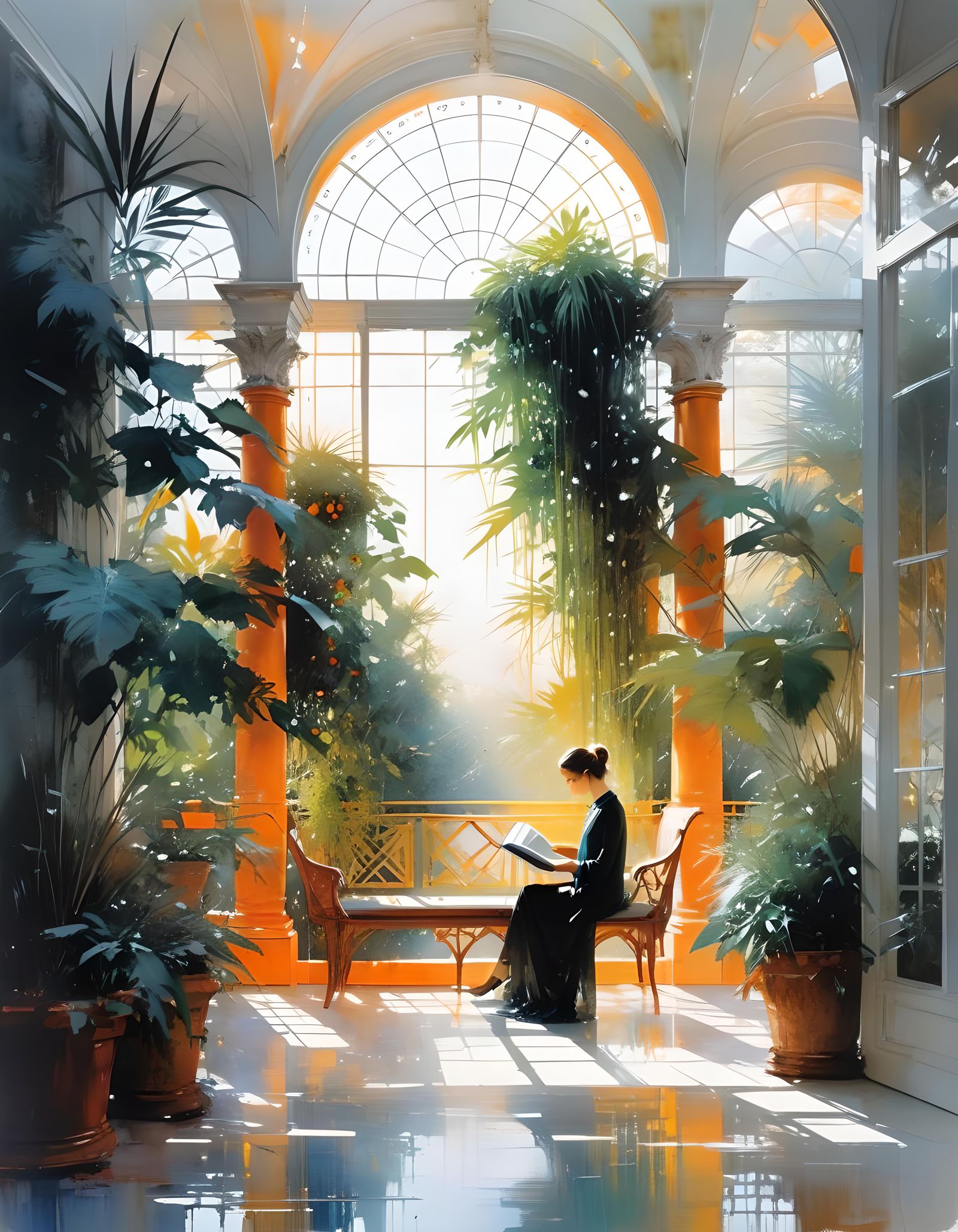 Woman Reading in Orangerie: A Surreal Alcohol Ink Masterpiec...