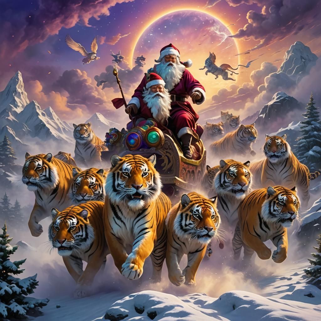 Santa Claus Rides Tigers in a Fantasy Landscape
