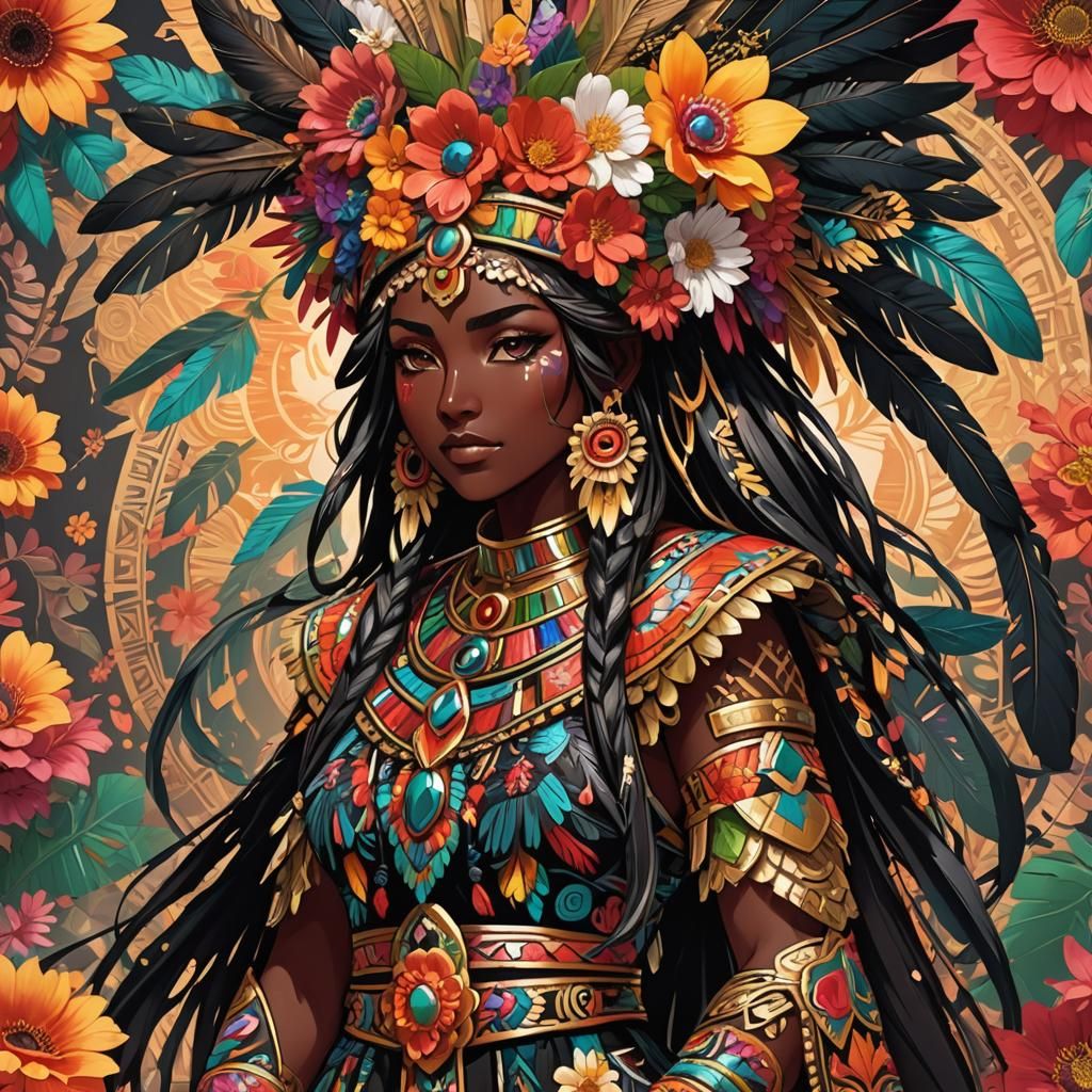 Aztec Girl in Anime Manga Style with Quetzal Feathers