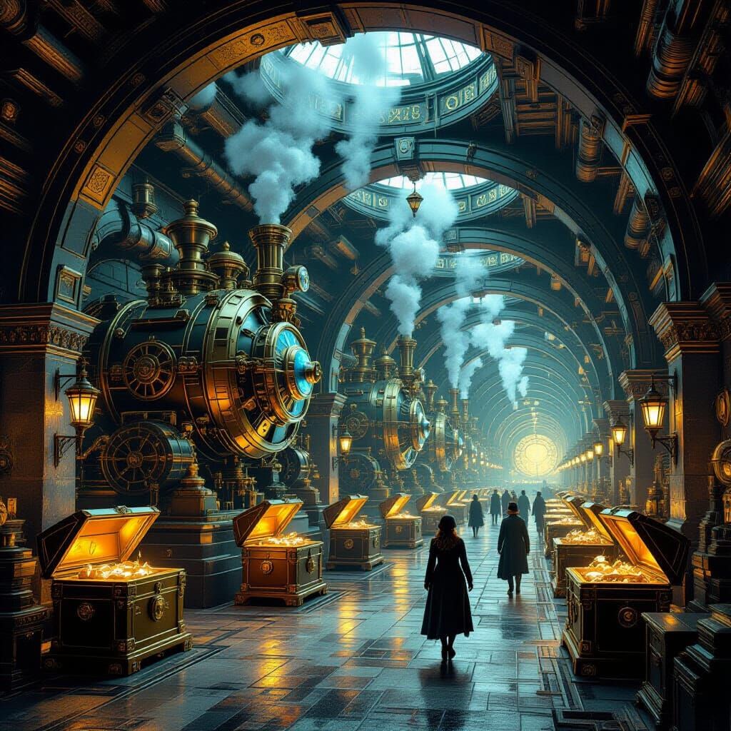 Steampunk Vault with Clockwork Guardians in Oil Painting Sty...