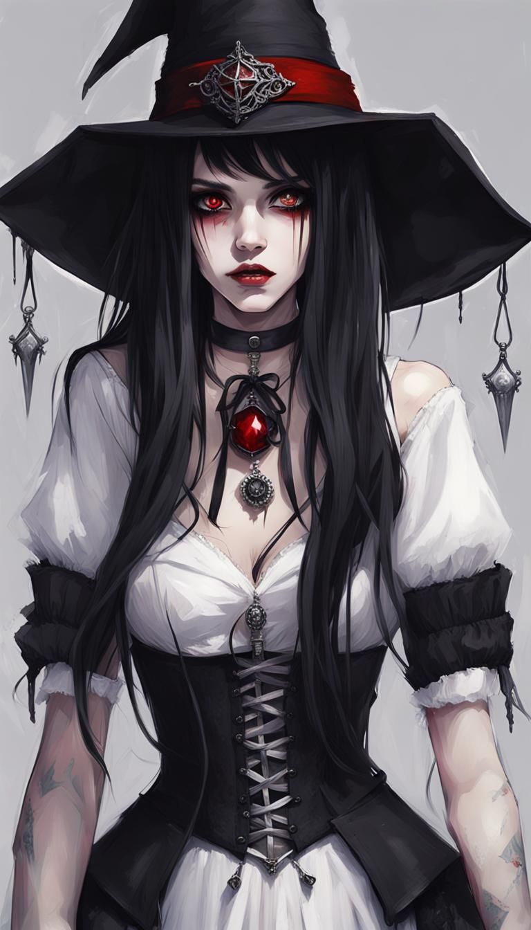 Gothic Girl with Wizard Hat and Silver Necklace