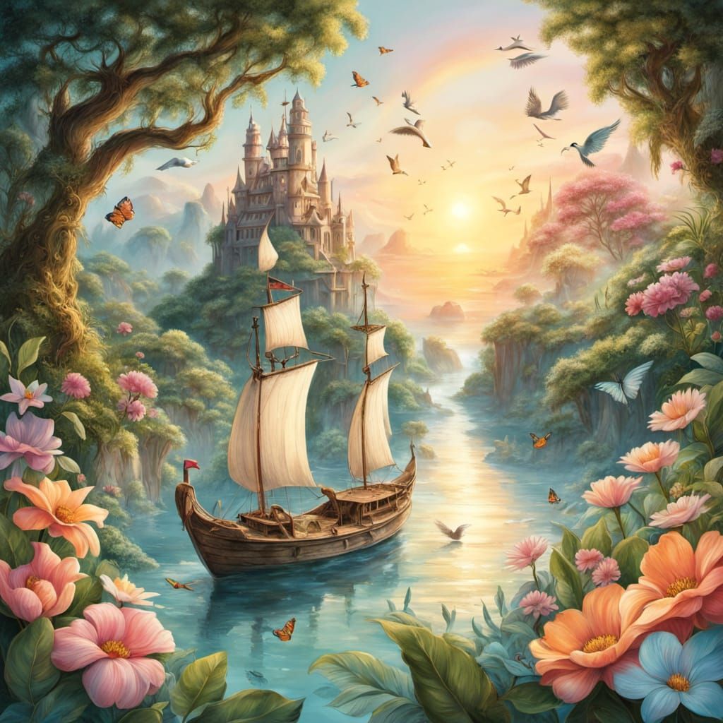 Whimsical Fairytale Island Sunrise in Dreamy Storybook Style