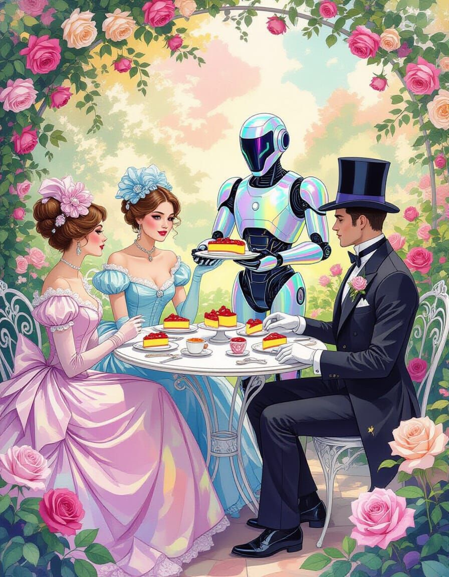 Victorian Tea Party Interrupted by Robot Butler, Watercolor ...