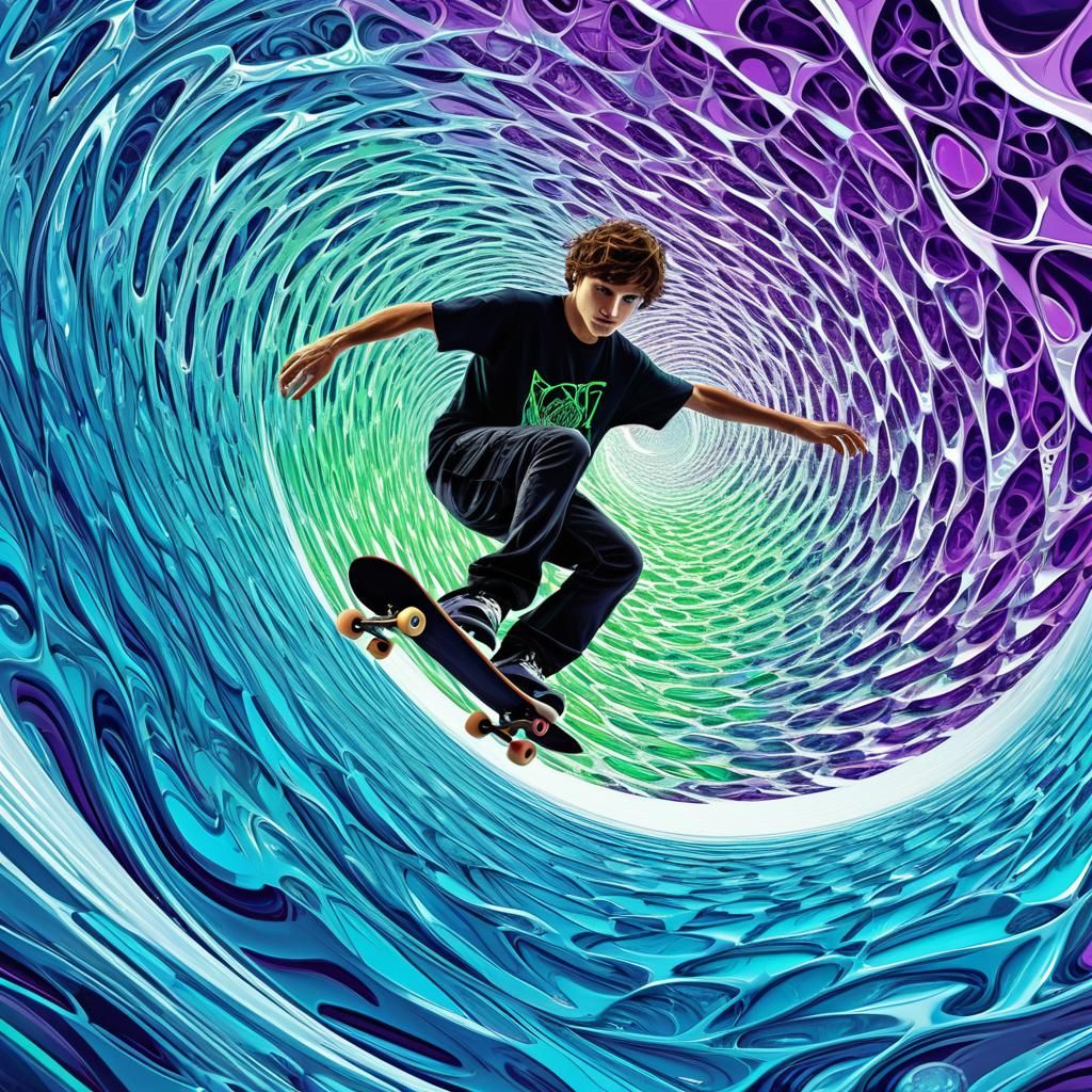 Dynamic Skater Boy in Vibrant, Fractured Ice Environment