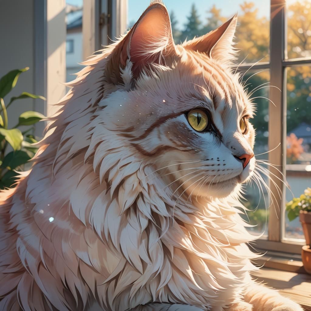 Anime Cat in Sunlight with Watercolor Textures