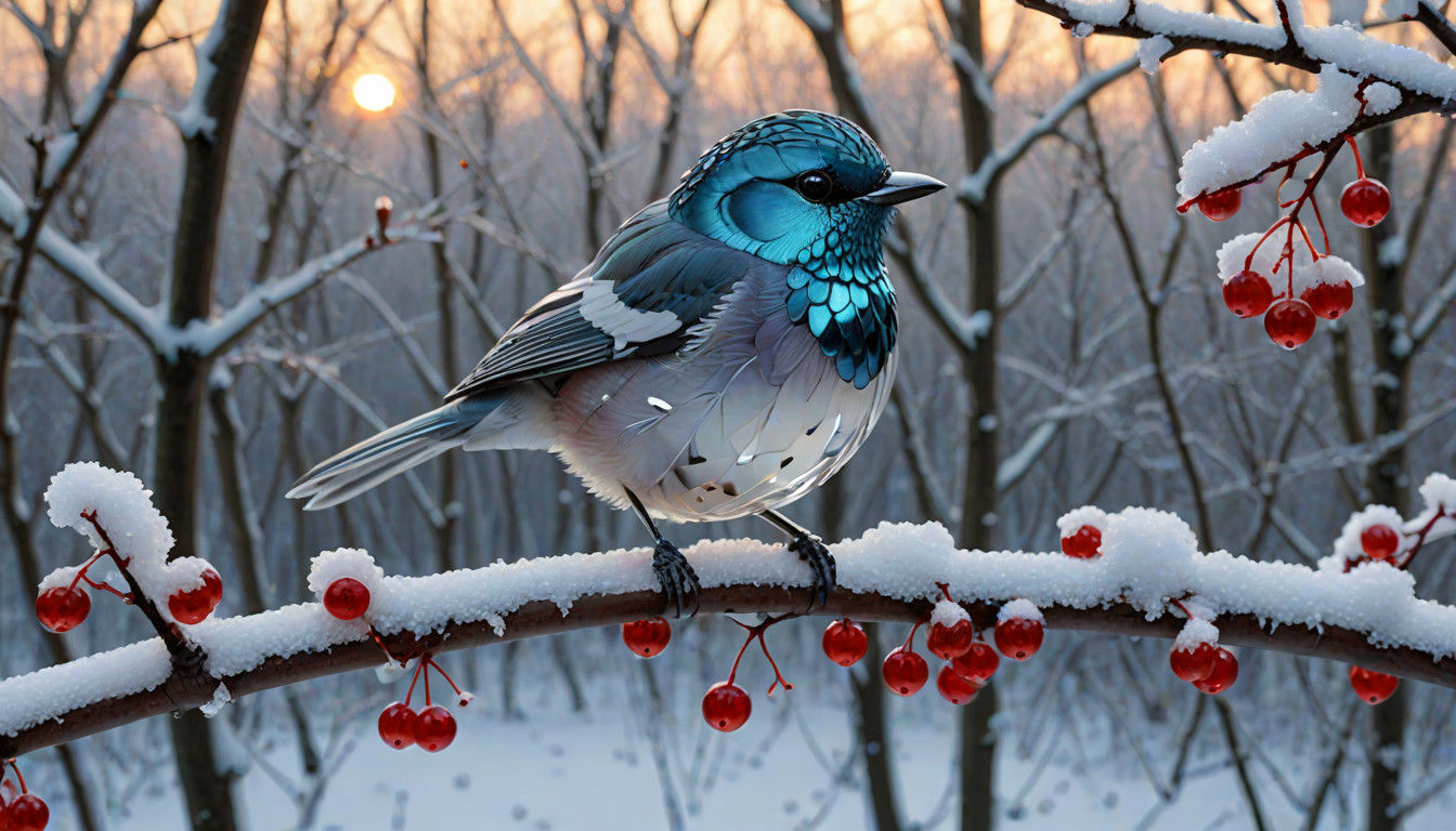 Delicate Glass Bird Perched on Wintery Branch