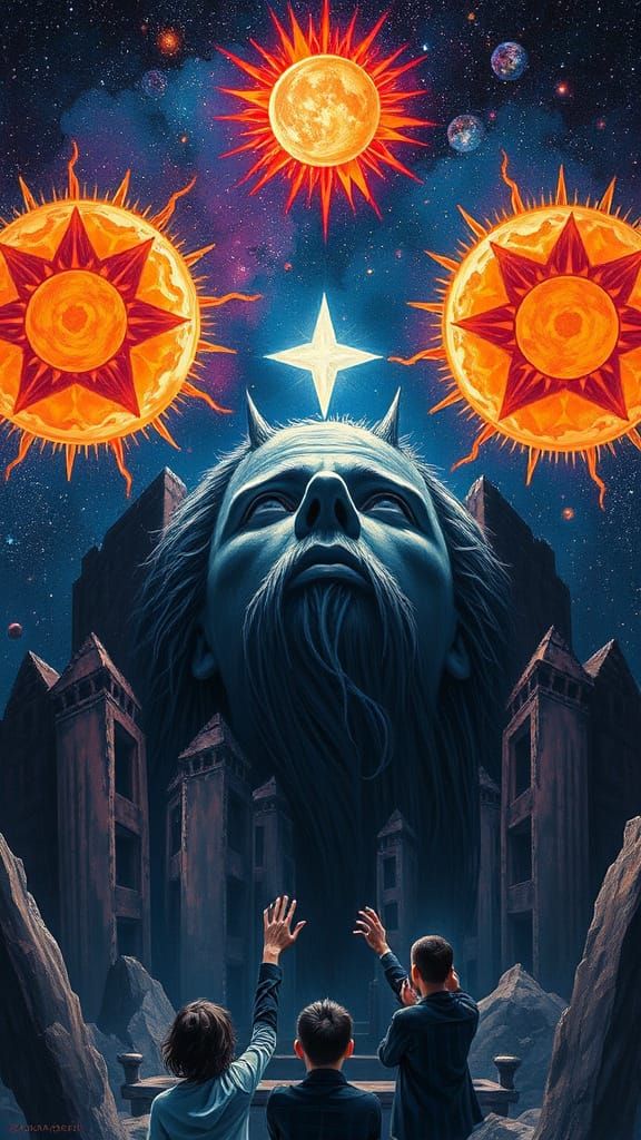 Surreal Cosmic Guardians in a Celestial Horror Landscape