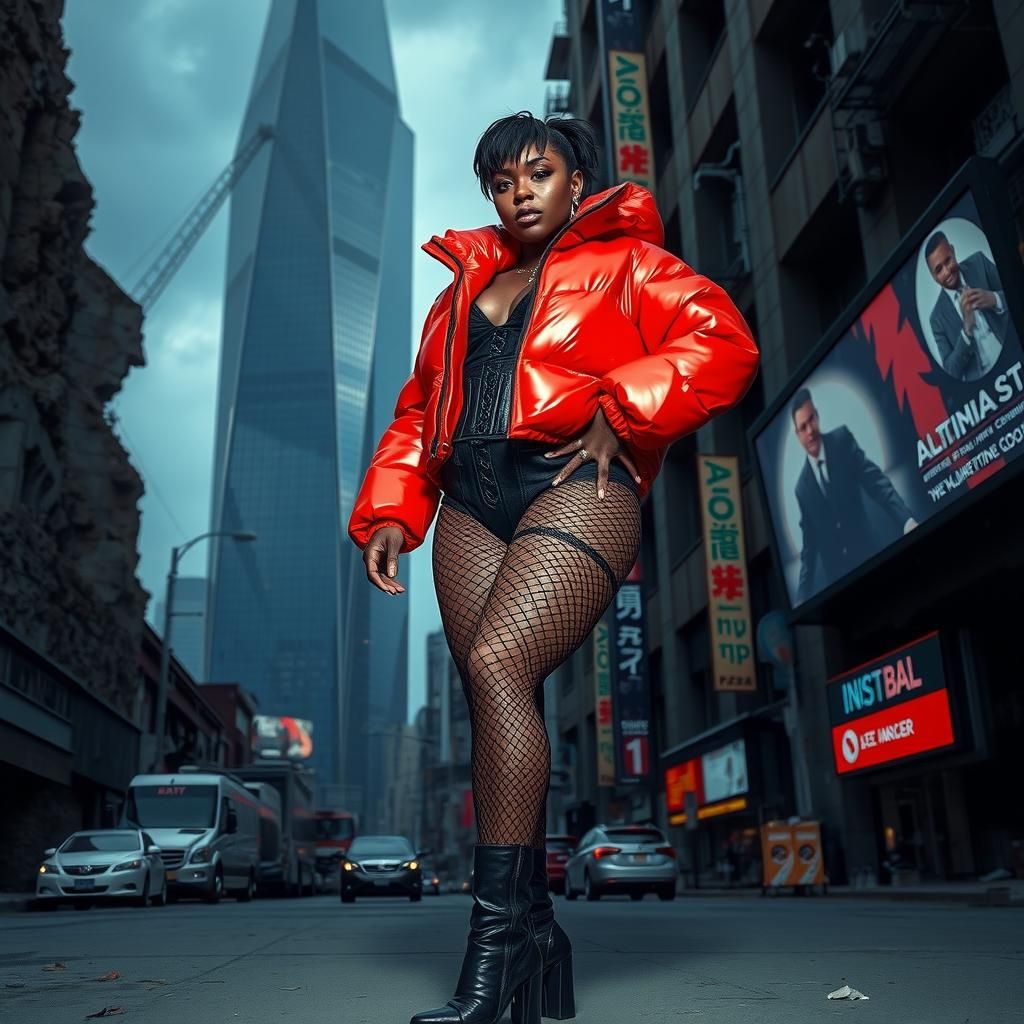 Dystopian Fashion: Curvaceous Model in Red Nylon Jacket
