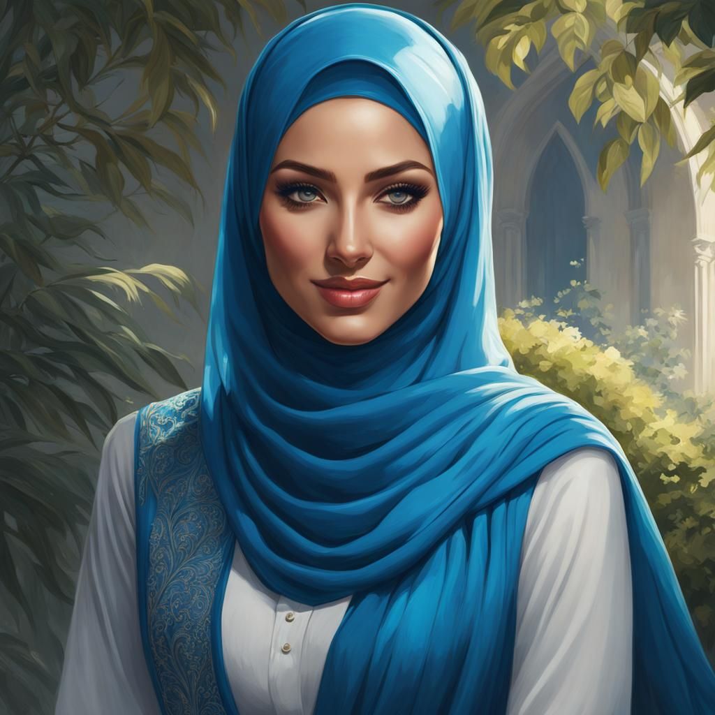 Woman in Blue Hijab Portrait, Character Art