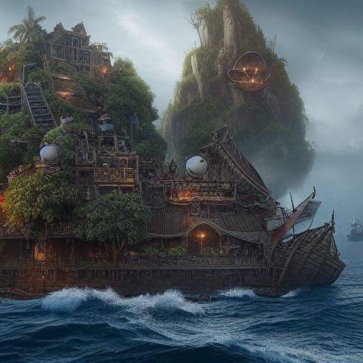 Epic Pirate Island Base: Cinematic Digital Painting