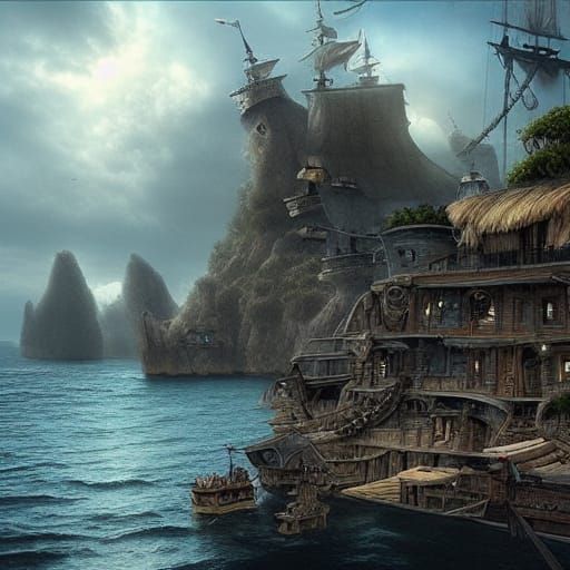 Epic Pirate Island Fortress in Digital Matte Painting