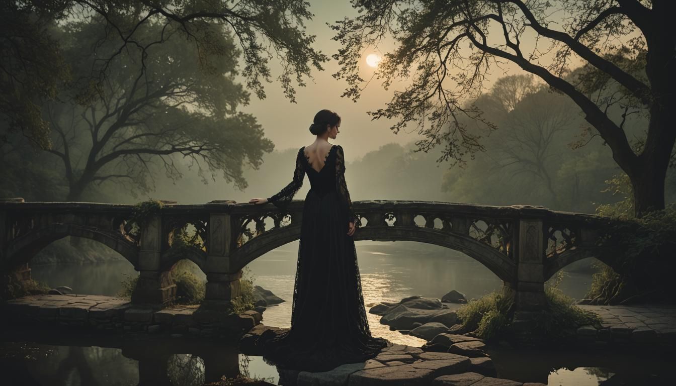 Woman in Velvet Dress on Moonlit Bridge
