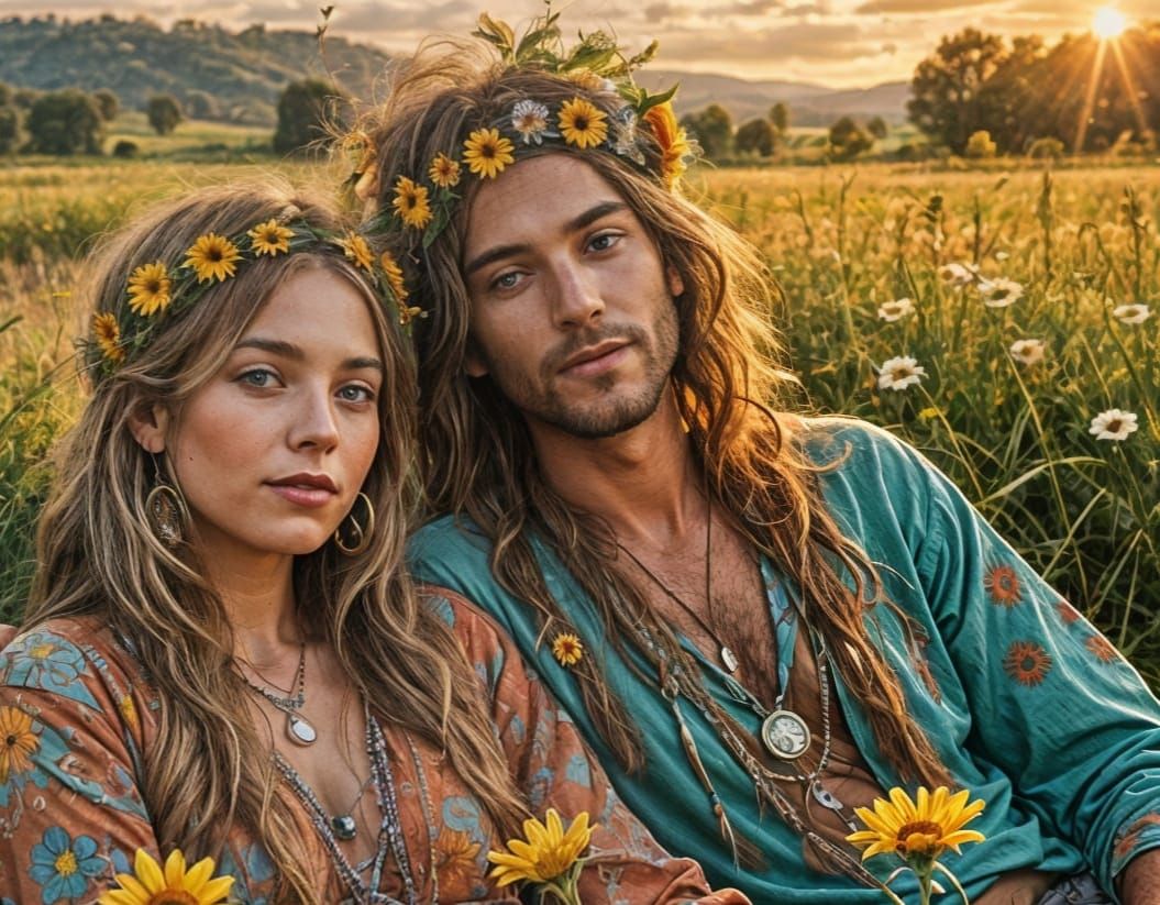 Hippy Couple Lounging in a Summer Field