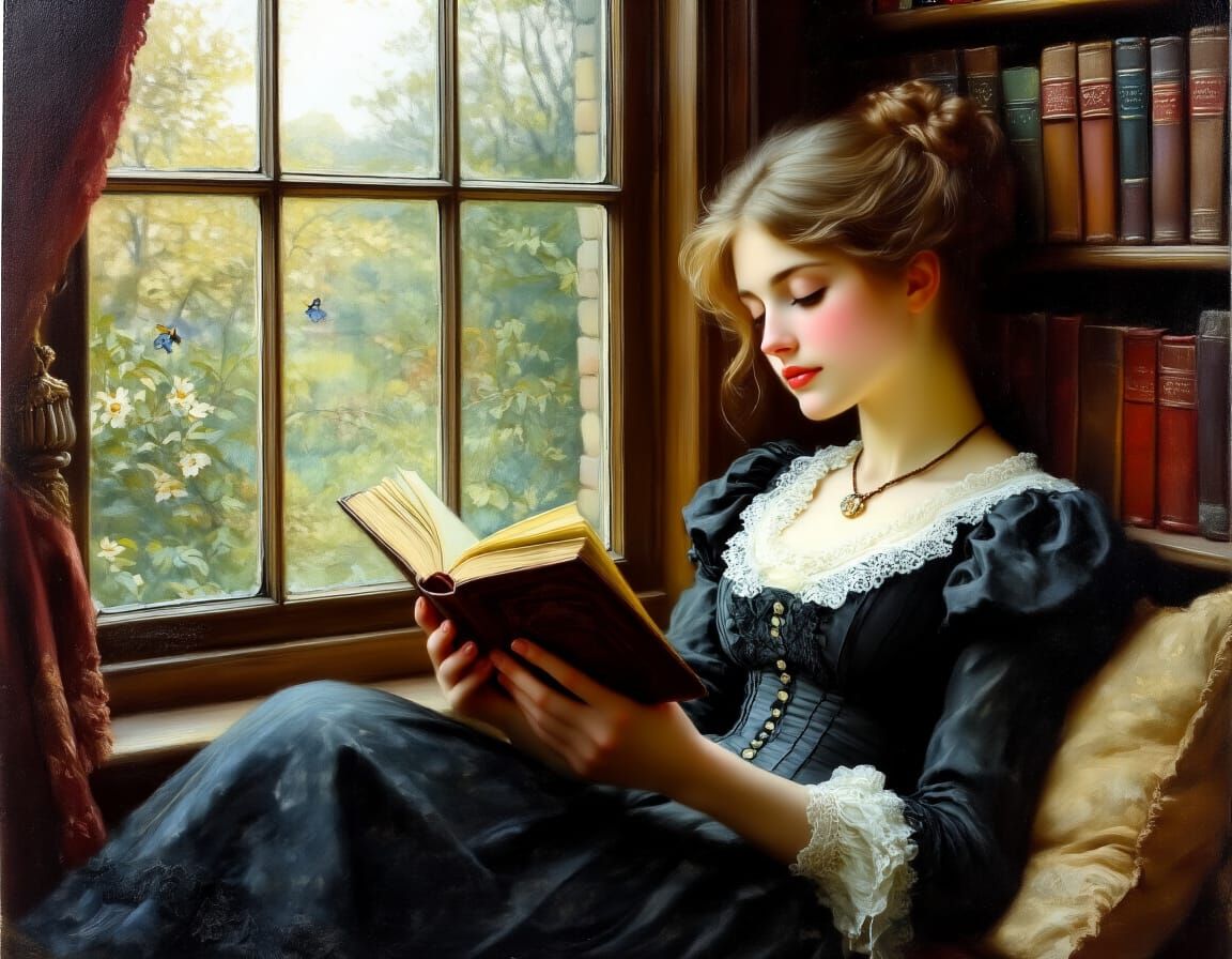 Victorian Woman Reading in Book Nook, Oil on Canvas