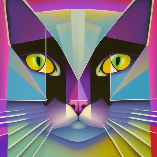 Purple Cat Face in Cubist Geometric Art Deco Style