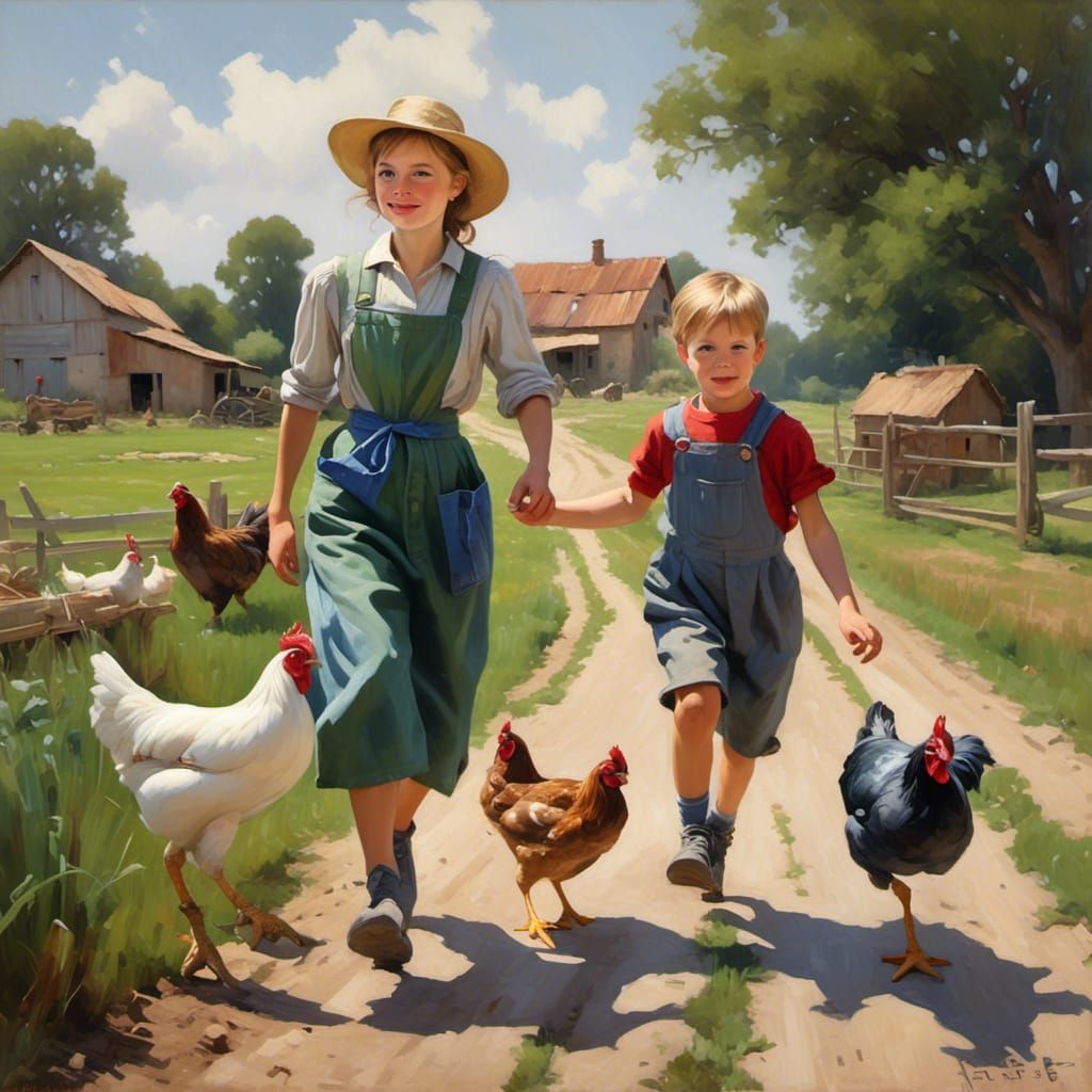 country boy running with a hen under his arm