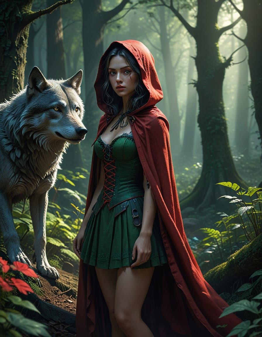 Little Red Riding Hood Tames Wolf in Dark Forest Concept Art