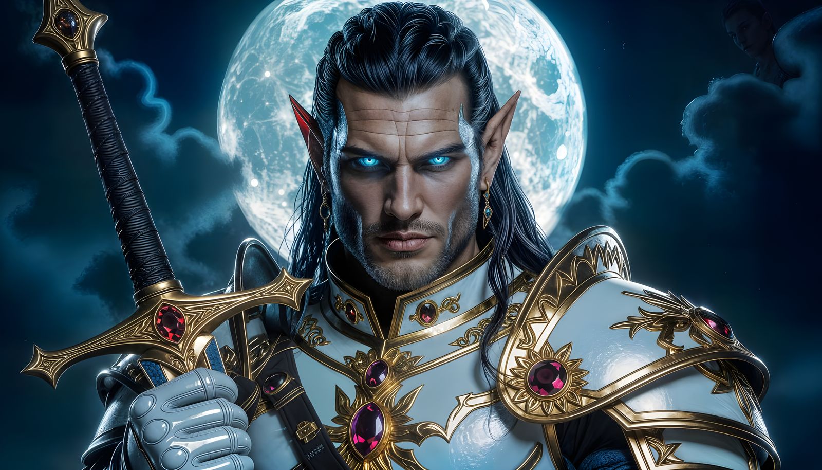 Muscular Elfin King in Ruby Armor Holding Sword